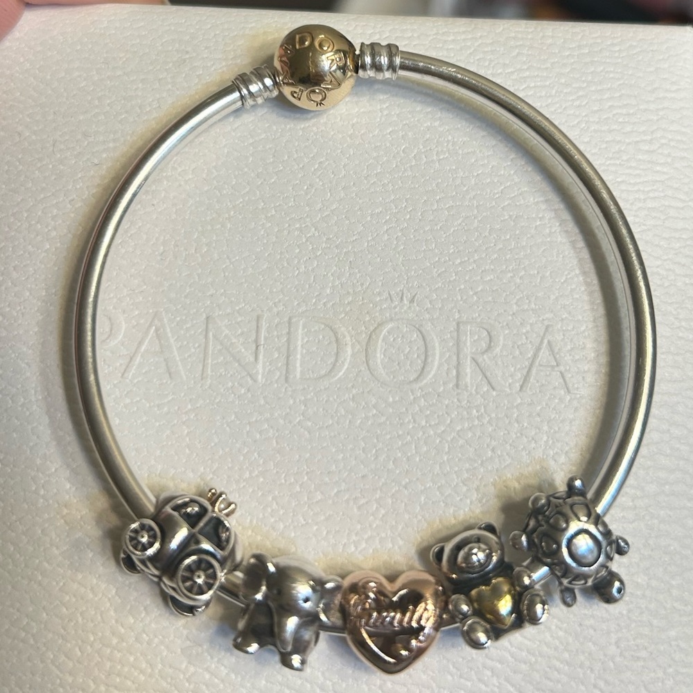 14k gold clasp Pandora bracelet and charms